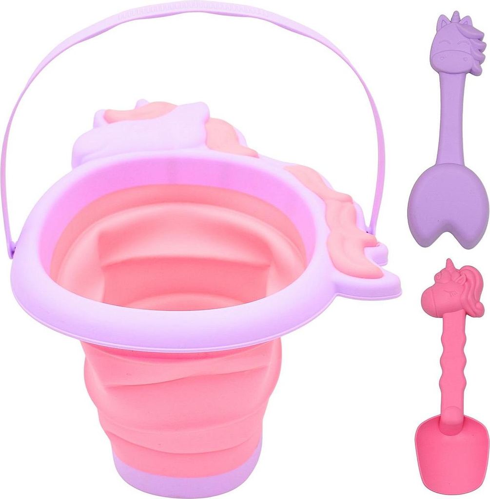 ProBeach Faltbarer Sandeimer „Einhorn“ mit Schaufel & Harke – Rosa, , robust, 2L Volumen, ideal für Strand & Sandkasten