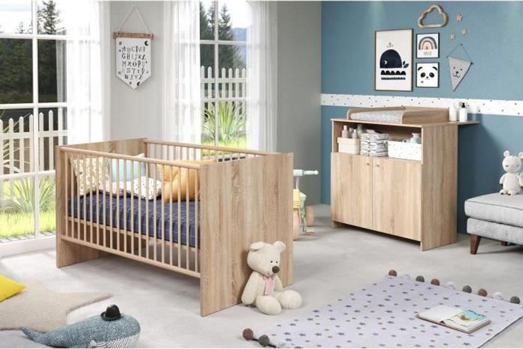 Babyzimmer Set, Kinderbett 70x140 cm, Wickelkommode 2 Türen, Eiche Natur