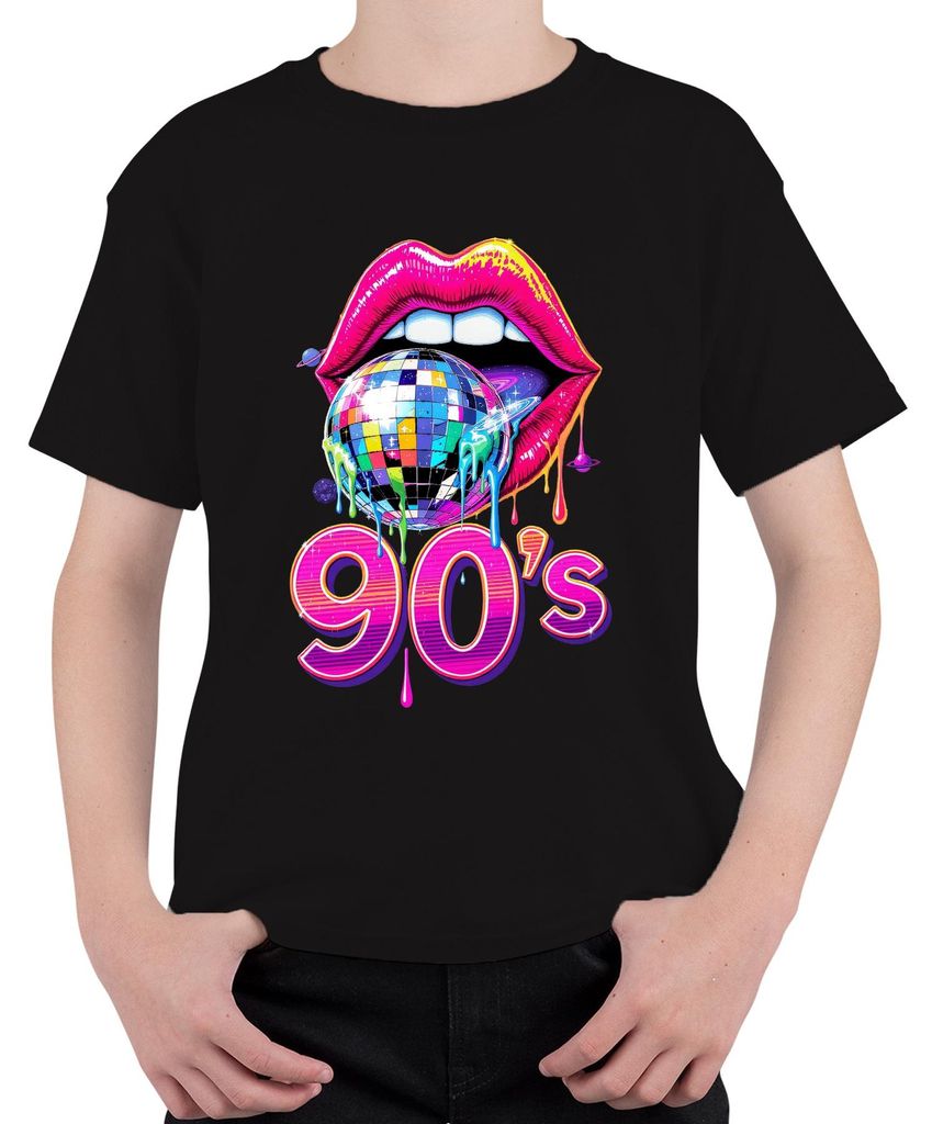 90's Discokugel Lippen Pop Art Neon Retro Party Geschenk Uni Kinder T-Shirt, Schwarz, 140