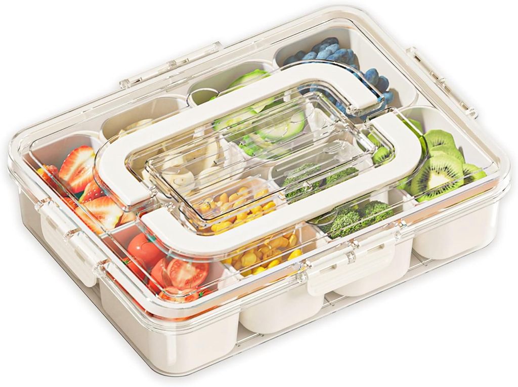 Snackbox mit Fächern, Snackbox Kinder mit Deckel und Griff mit 8 Fächern, Herausnehmbare, Snackteller für Kühlschrank Party Picknick