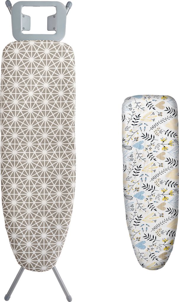 An ironing board and a cover are displayed against a white background.