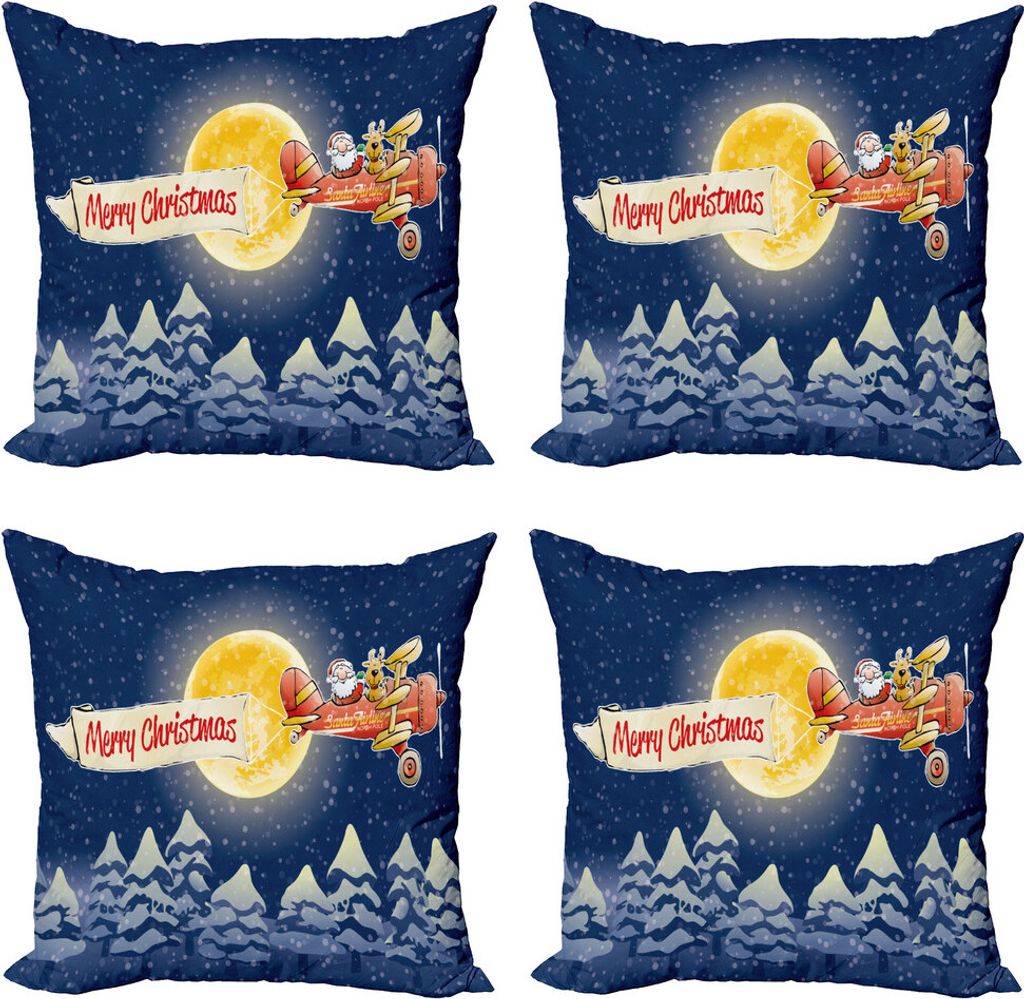 ABAKUHAUS Weihnachten Kissenbezug Set (4 Stück), Weihnachtsmann Airline, Moderner Doppelseitiger Digitaldruck, 45 cm x 45 cm, Dark Blue Marigold Red