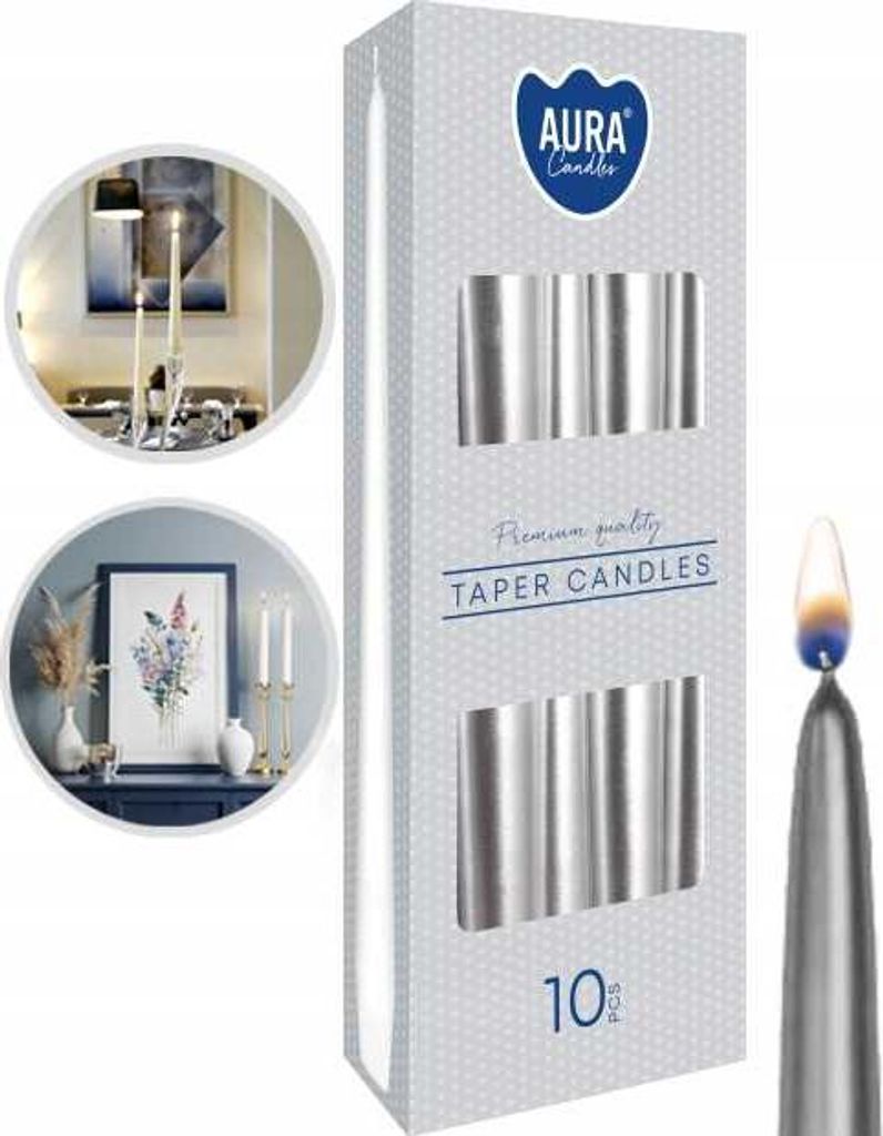AURA Tischkerzen, kegelförmig, silber-metallic, 7 Stunden, 10 Stück, s30-213