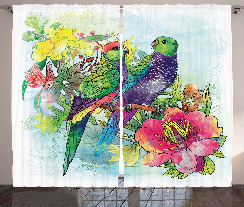 ABAKUHAUS Tropisch Rustikaler Gardine, Blumen Papageien-Liebe, Schlafzimmer Kräuselband Vorhang mit Schlaufen und Haken, 280 x 175 cm, Mehrfarbig