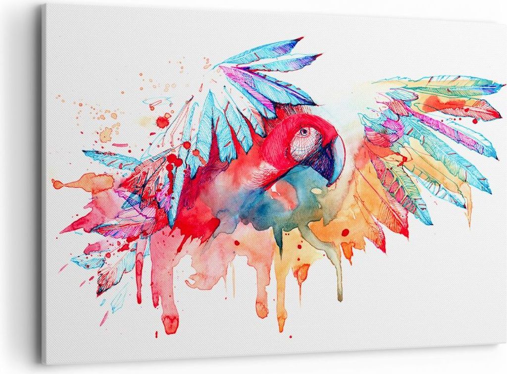 Bild auf Leinwand - Leinwandbild - Natur Malerei Papagei Kinder - 100x70cm - Wand Bild - Wanddeko - Leinwanddruck - Bilder - Kunstdruck - Wanddekor...