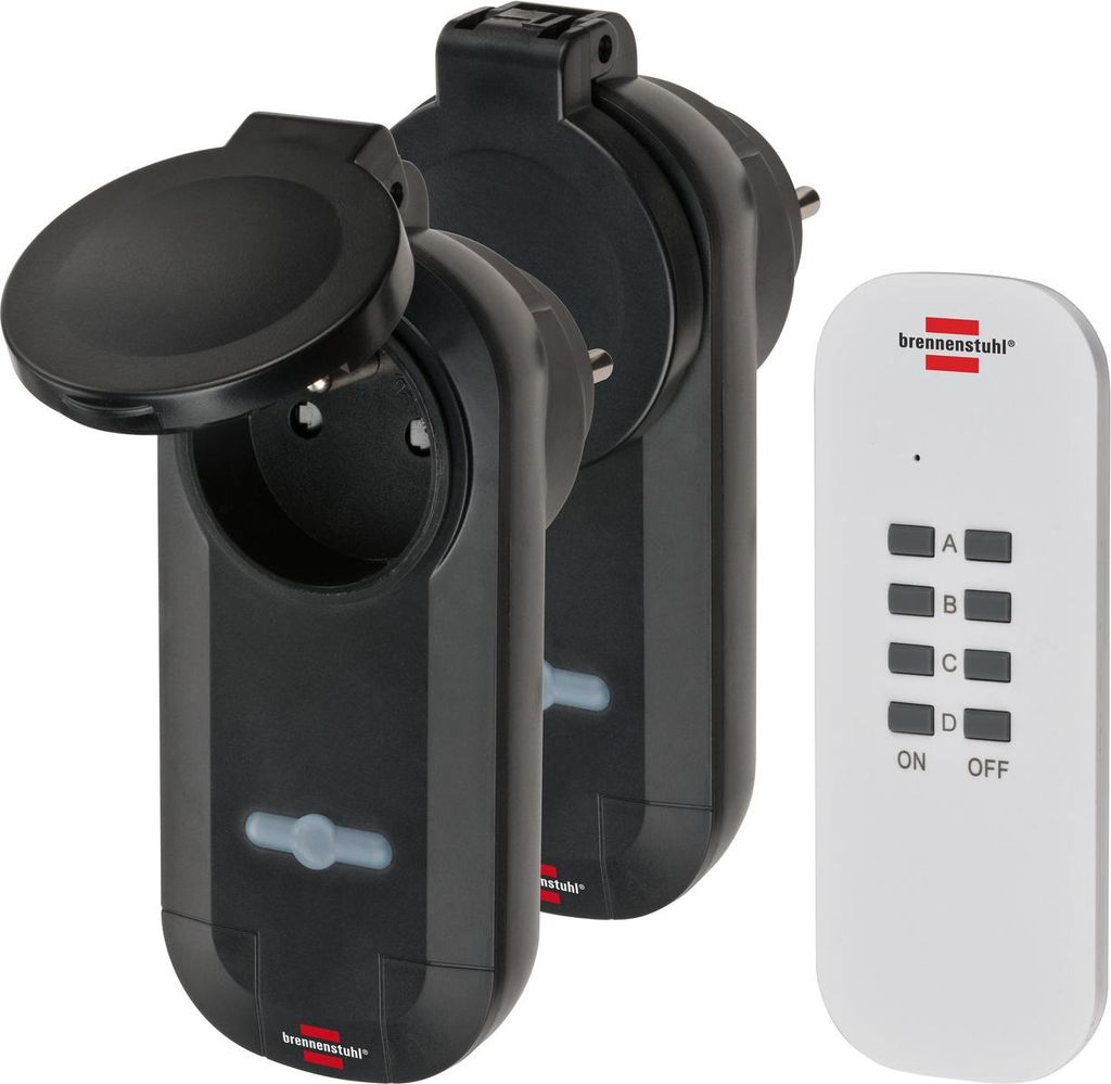 Two remote-controlled power outlets and a remote control are shown against a white background.