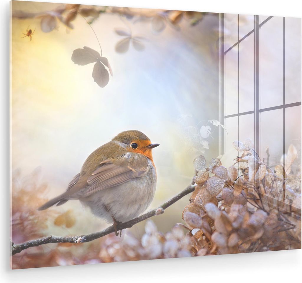 MuchoWow Glasbilder - Bilder auf Wandbild - Foto auf Glas Vogel - Zweig - Blätter - Abstrakt 80x60 cm Wanddekoration aus Glas - Acrylglasbild - Ac...