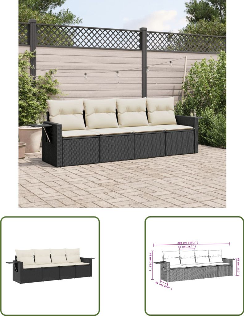 The Living Store 4-tlg. Garten-Sofagarnitur mit Kissen Schwarz Poly Rattan