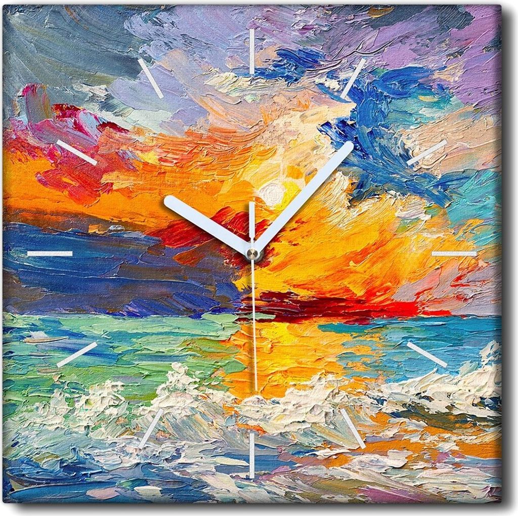 Coloray Uhr auf Leinwand 30x30 cm Wand Uhr Dekoration Wohnzimmer Segeltuch weiße Zeiger -Seesonnenuntergang