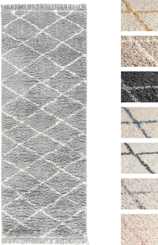 Hochflor Teppich Laufer 80 x 300 Silber Diamantmuster , Super Soft Moderner Shaggy Teppich