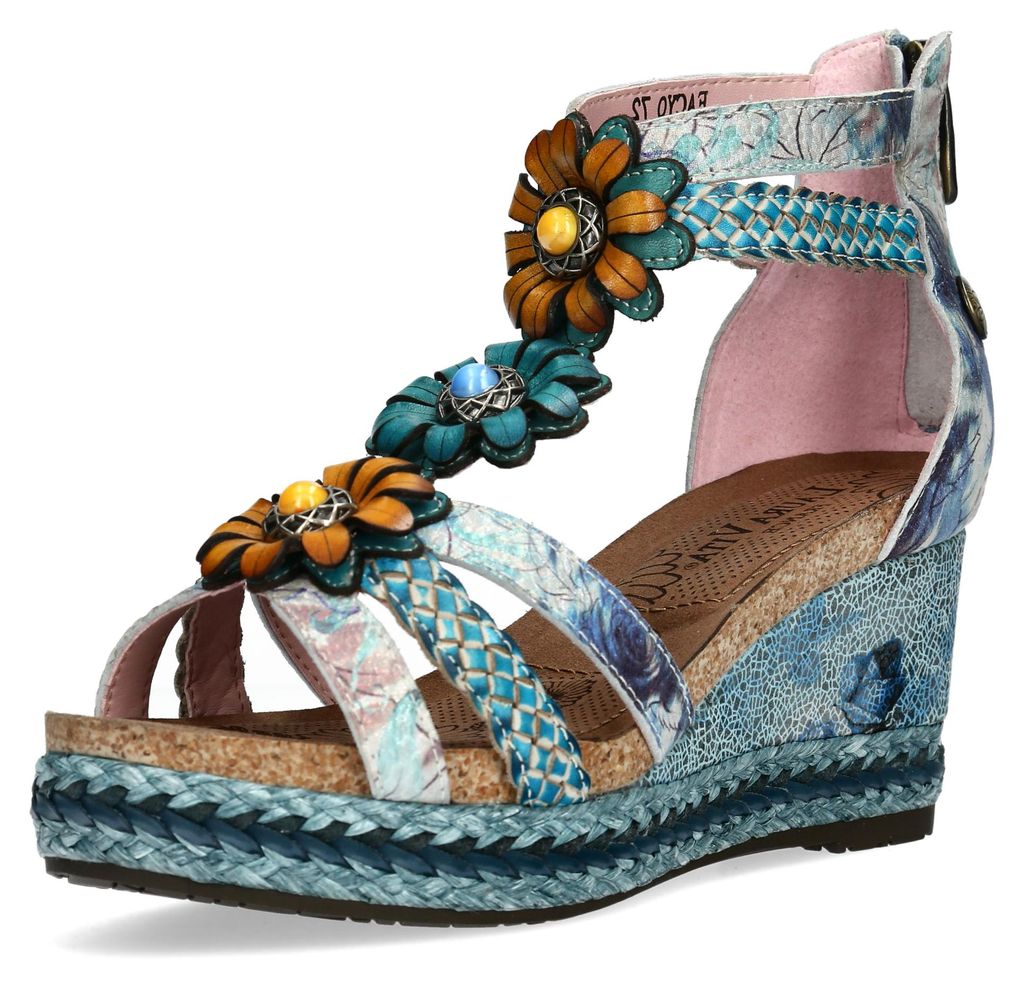 Laura Vita Damen Sandalette Espadrille mit T-Riemen Blumenapplikationen Facyo 72, Größe:39 EU, Farbe:Blau