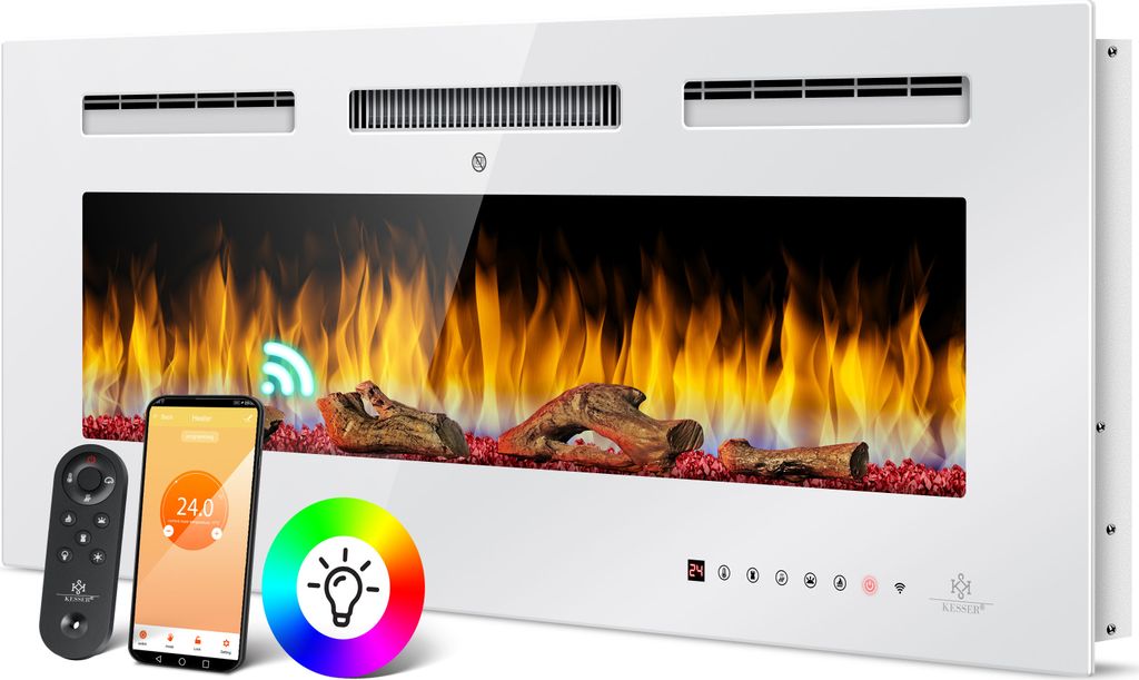 KESSER® Elektrokamin Wandkamin Elektrischer Kamin mit Heizung 9 Farbmodi LED flammeneffekt, 900/1800 W Kaminofen Wand und einbaukamin Wandmontage Heizung App-Funktion Fernbedienung Touchscreen