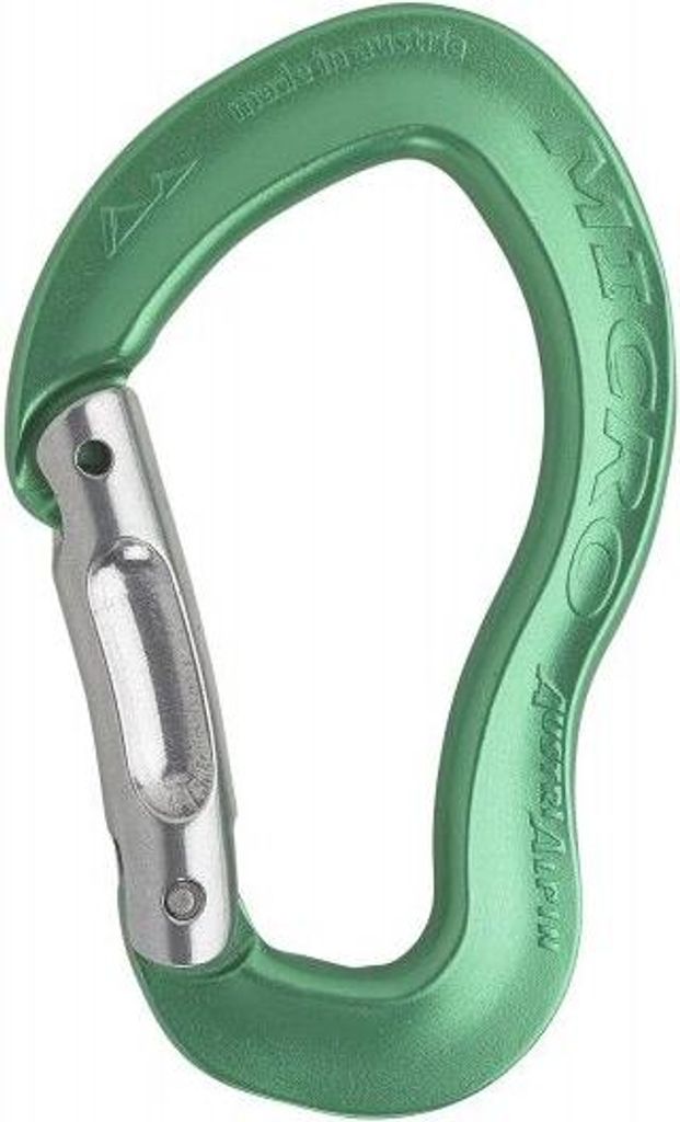Karabiner MICRO mit gebogenem Schnapper in grün von Austri Alpin; geeignet für Klettern.