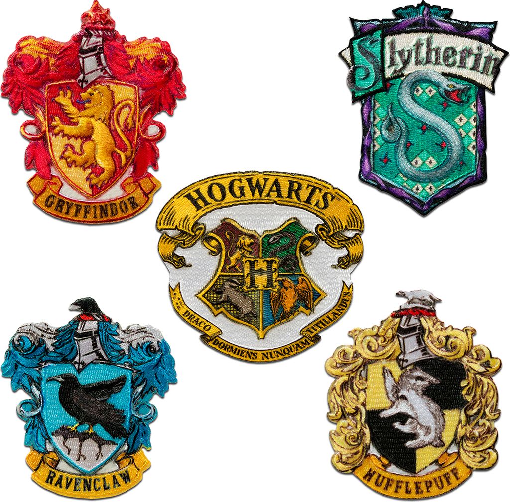A collage of five Harry Potter house crests and the Hogwarts crest.