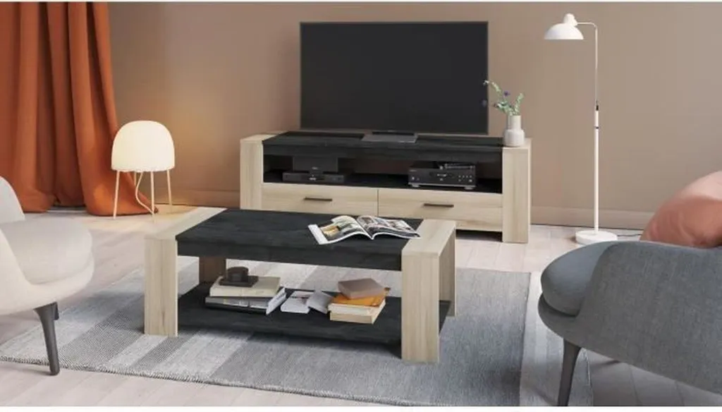 SHEFFIELD Ensemble meuble TV et double table basse gigogne en bois noir