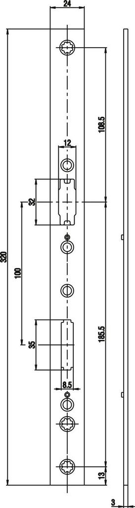 BKS Adapterstulp für Fluchttürschlösser Serie 18, eckig, 320x24x3 mm, Edelstahl