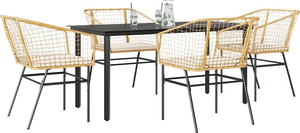 5-tlg. Garten-Essgruppe mit Kissen Braun Poly Rattan Glas, Gartenmöbel-Sets DesignMöbel Neu