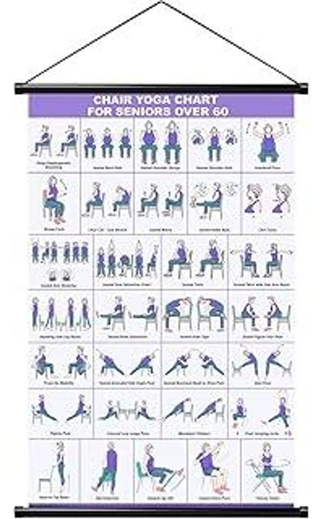 Chair Yoga Poster für Senioren & Anfänger – 31 sanfte Yogaübungen im Sitzen,Trainingsplan für Zuhause & Büro, Yoga Wandbild mit Hängestange...