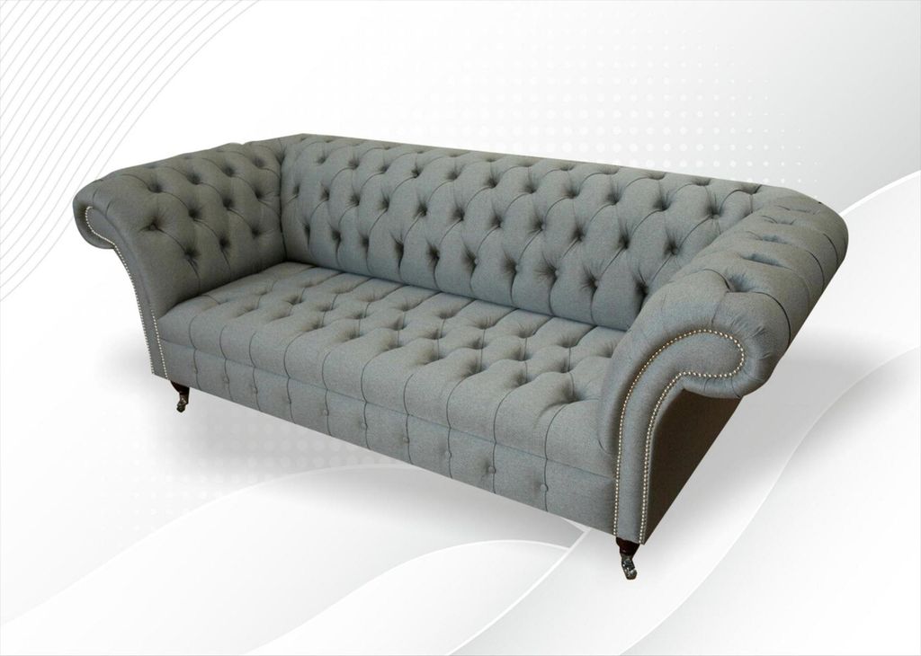 Gemütliche Sofa Couch Chesterfield Graue Textil Couchen Polster Dreisitzer Neu