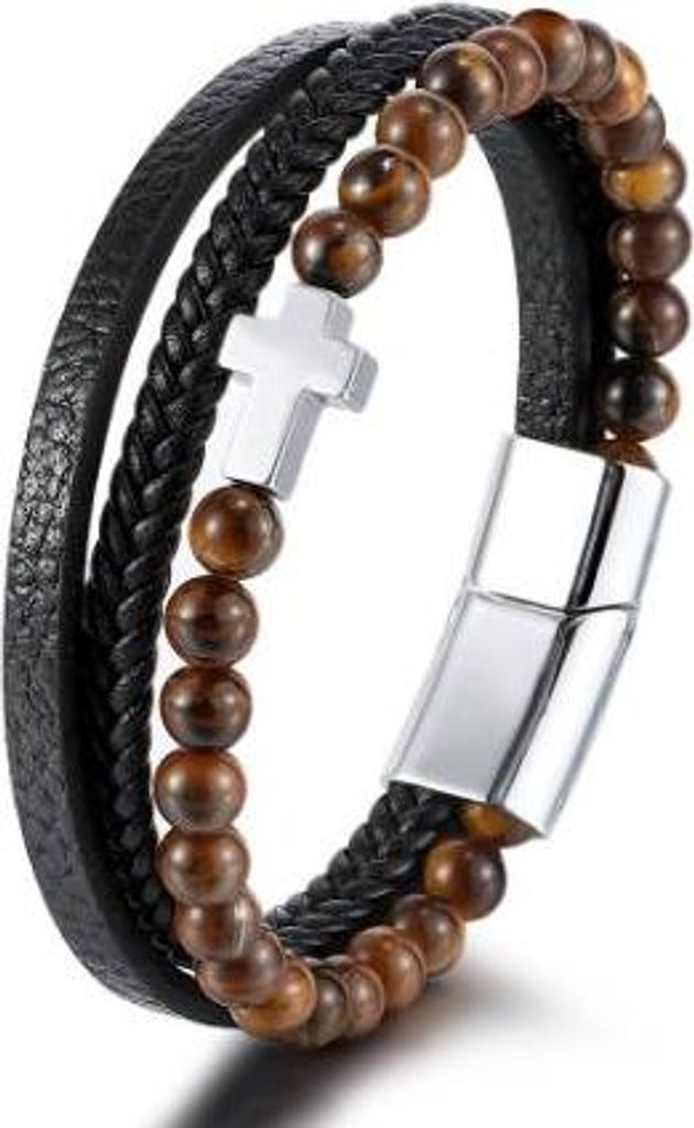 Lederarmband mit gekreuzten Tigeraugenperlen, 21 cm