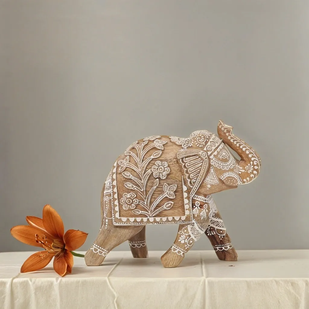 Statue Éléphant en Bois Décorative 20cm Style Boho Chic de Printemps