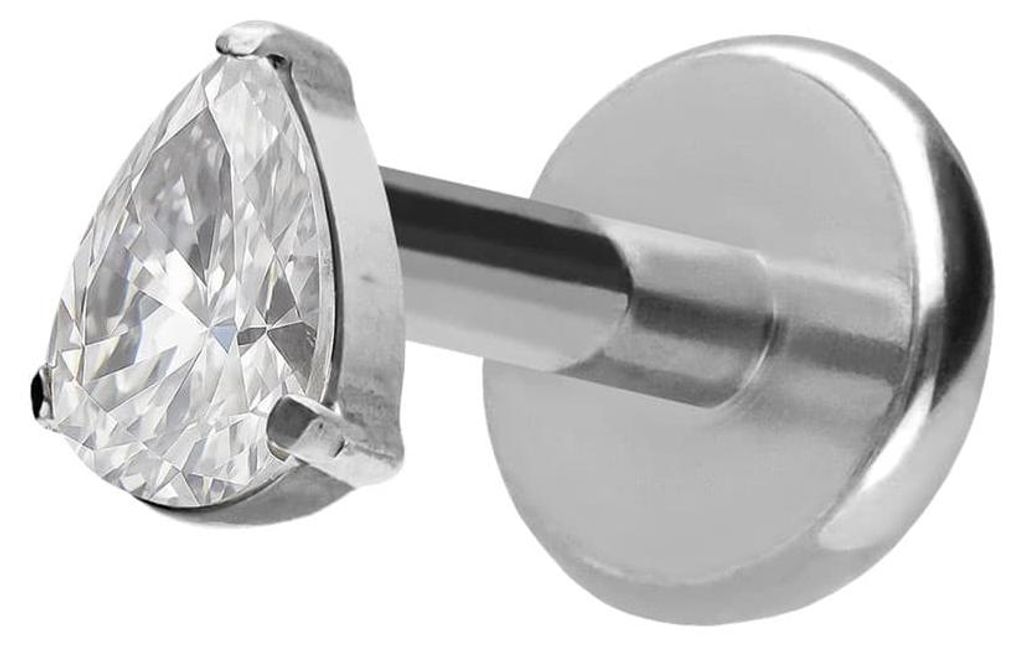 Ohrpiercing, Nasenpiercing Titan Labret mit Push Fit KRISTALLTROPFEN Silber Stablänge: 5mm | Stabstärke: 1mm | Discgröße: 4 x 6mm