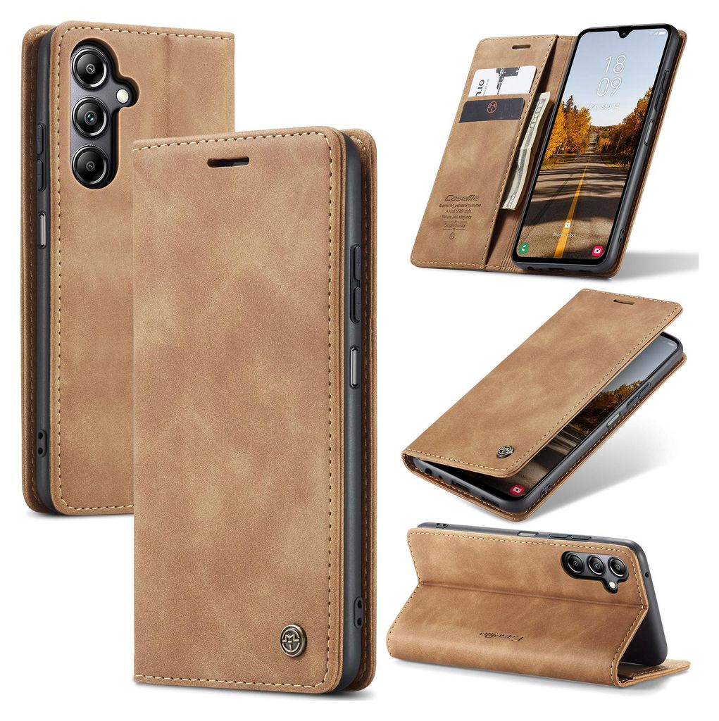 Collage of images showing a brown faux leather phone case for a Samsung Galaxy A05S, displayed from different angles and in use.