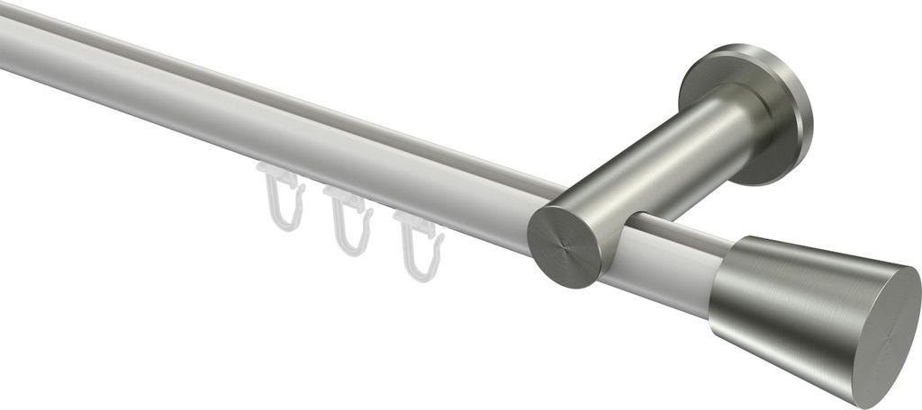 Interdeco Innenlaufstange / Gardinenstange mit Innenlauf Weiß / Edelstahl-Optik, Typ Platon Sitra (Konus), 20 mm Ø 1-läufig, 540 cm