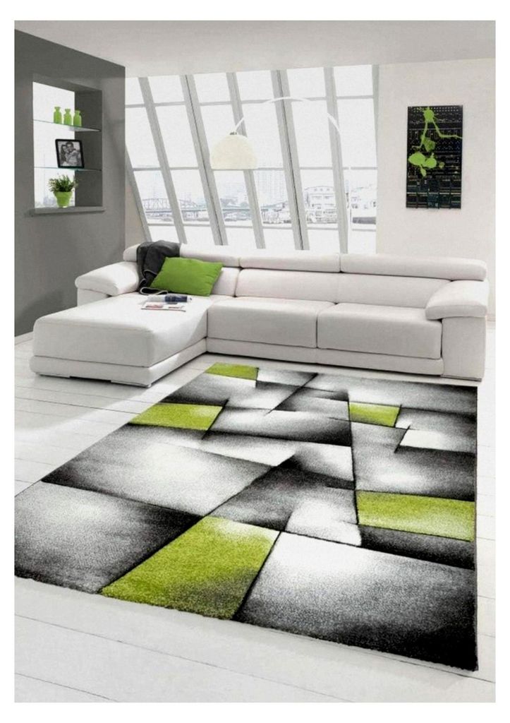 Designer Teppich Moderner Kurzflor für Wohnzimmer mit Konturenschnitt Karo Muster in Grün, Grau, Weiß und Schwarz, Größe 80x150 cm