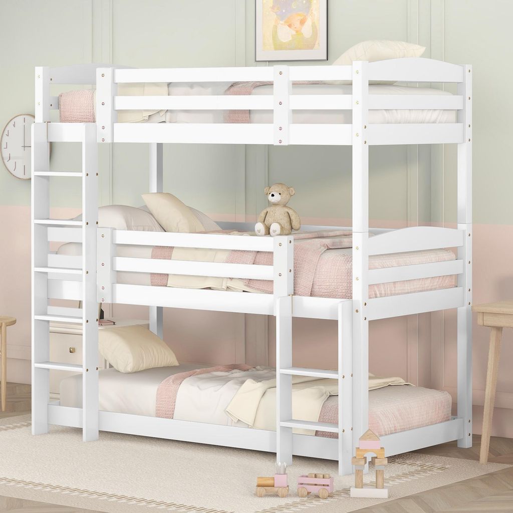 A white triple bunk bed with bedding and a teddy bear.