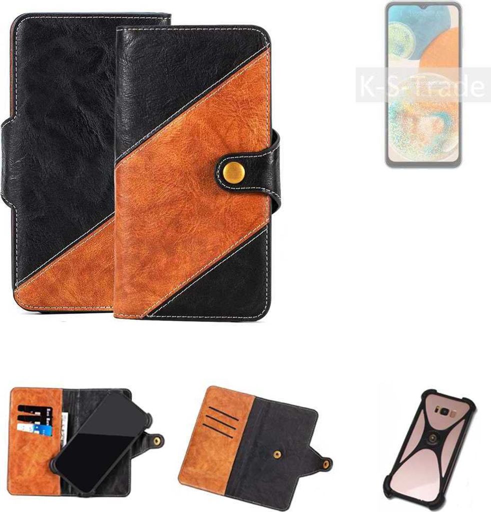 K-S-Trade Handyhülle Schutzhülle Bookstyle Case Wallet-Case kompatibel mit Samsung Galaxy A23 5G Handy Cover Bumper Klapphülle schwarz hellbraun 1x