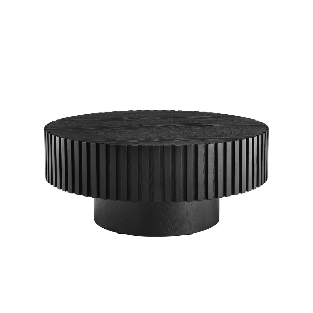 A black round coffee table with a fluted base and top, presented on a white background.