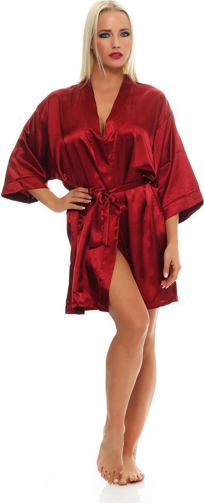 Damen Morgenmantel kurzer Kimono in Satin-Optik; Weinrot M