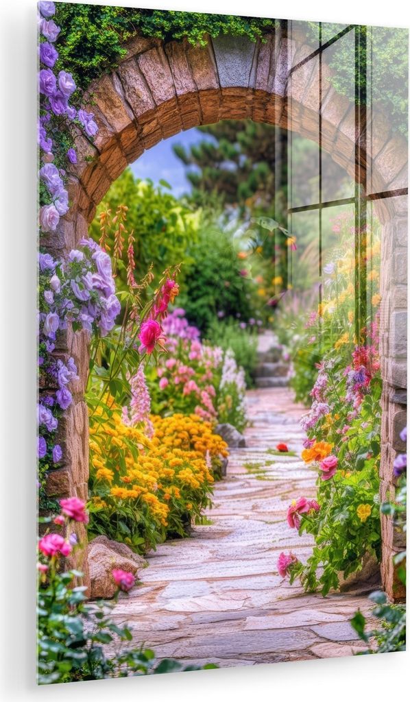 MuchoWow Glasbilder - Bilder auf Wandbild - Foto auf Glas Durchblick - Blumen - Weg - Natur 80x120 cm Wanddekoration aus Glas - Acrylglasbild - Acr...