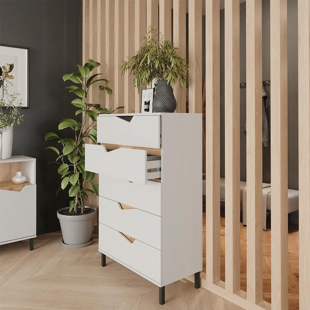Commode Vicco Marelle Blanc et Artisan 5 tiroirs 120cm Modèle 57845 - 5