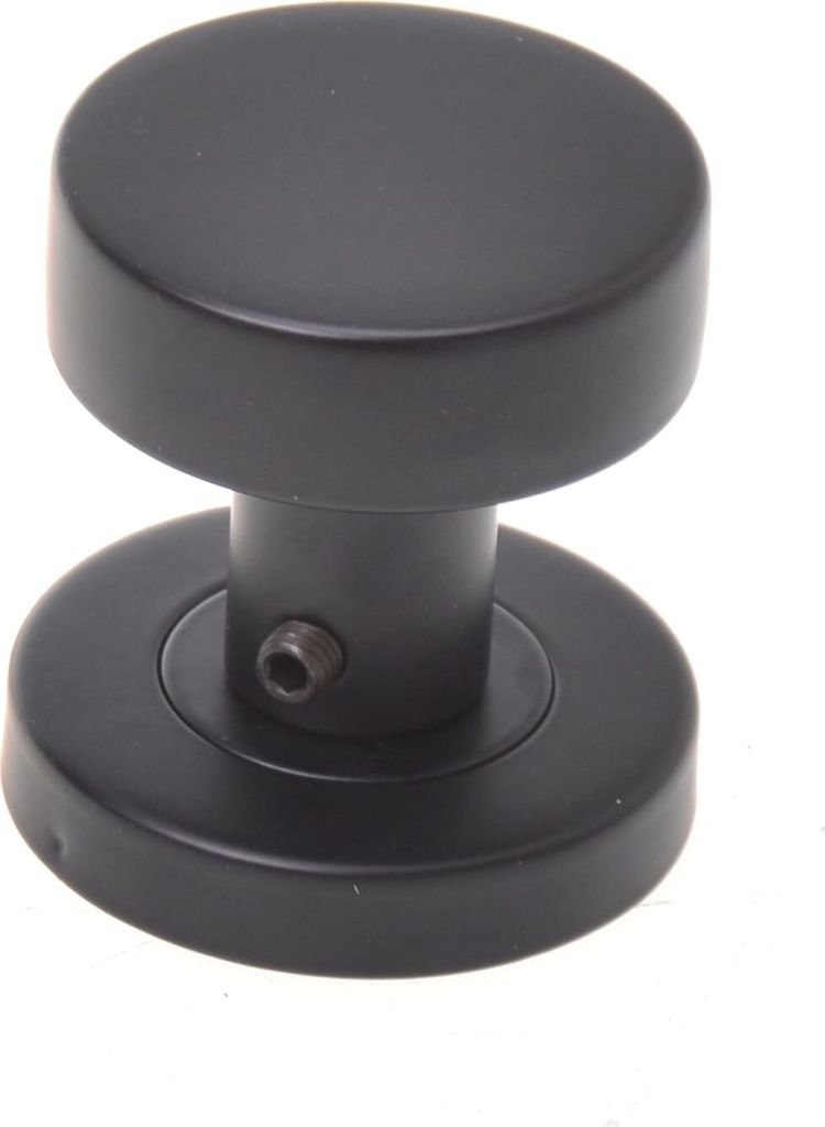 A black, round doorknob with a flat top and a circular base, shown against a white background.