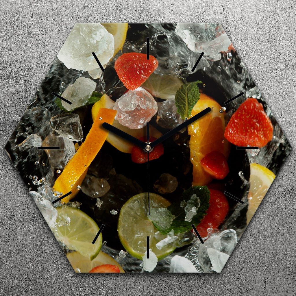 Uhr hexagonal 40 cm Glas Geräuschlos schwarze Zeiger - Farbige Früchte