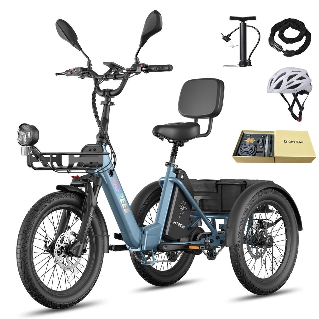 E Trike, Last bis 180 kg, Reichweite 85 km, 48 V 21 Ah Lithium Akku, Wasserdicht IPX5, sichere Hydraulikbremsen, Blau