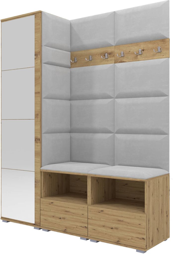 Garderoben-Set Nela II mit Spiegel, Polstergarderobe mit zwei Schuhschränke und Wandpaneele, Flurgarderobe mit Hochschrank (Farbe: Artisan Eiche +...
