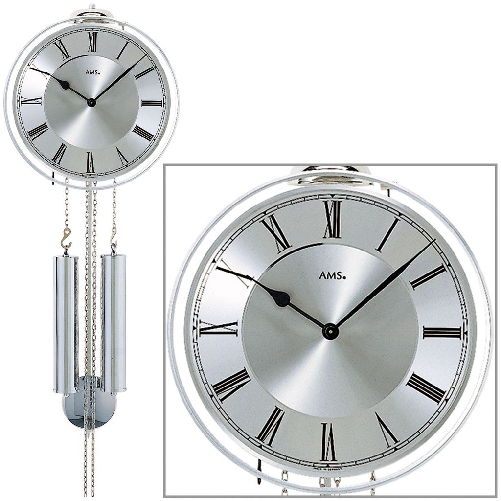 AMS 358 Wanduhr mit Pendel mechanisch silbern Pendeluhr mit römischen Ziffern