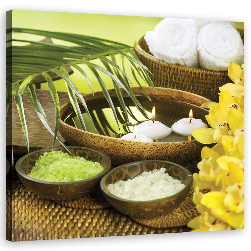 Leinwandbild Blumen Palme Kerze 40x40 Feeby Grün bild für die wand bereit zum aufhängen