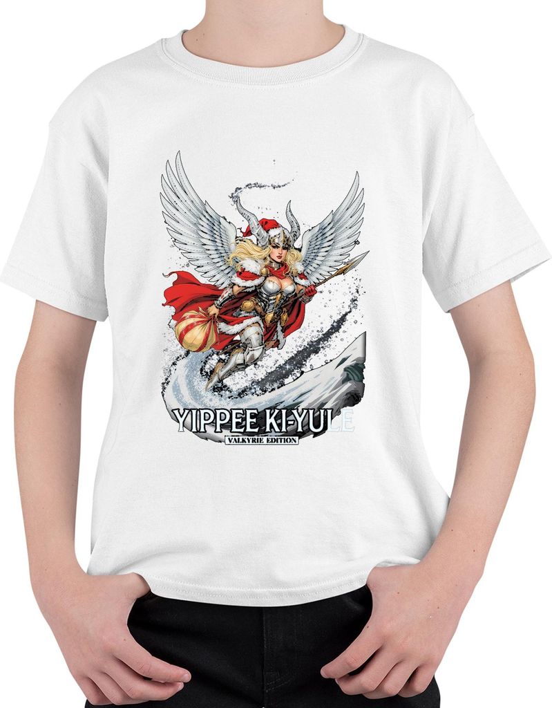 YIPPEE KI-YULE Valkyrie Weihnachten Wikinger Flügel Lustig Uni Kinder T-Shirt, Weiß, 152