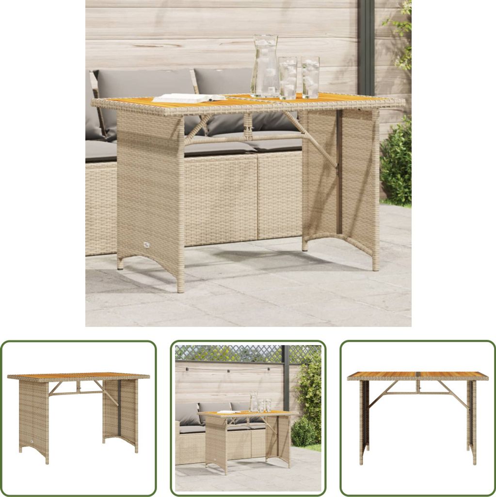 The Living Store Gartentisch mit Holzplatte Beige 110x68x70 cm Poly Rattan