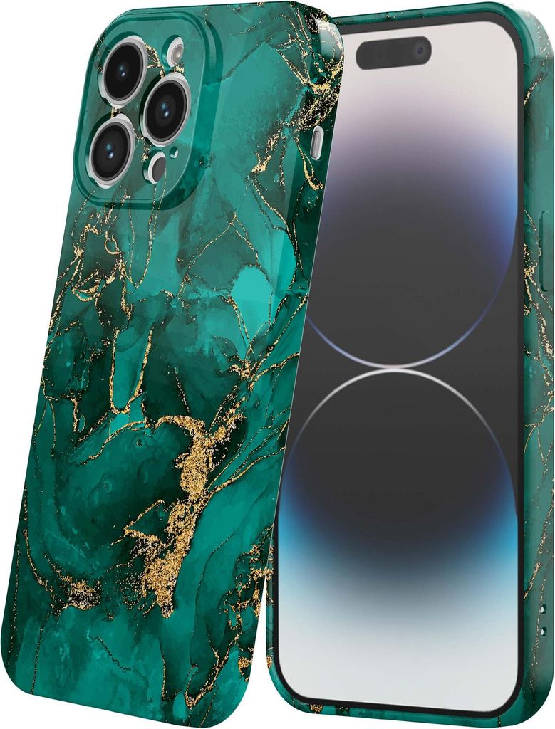 Smartphonica Handytasche passend für iPhone 14 Pro mit grünem Marmor Aufdruck - Flexible Softcase TPU - Backcover Case Grün Gold Marmor Design