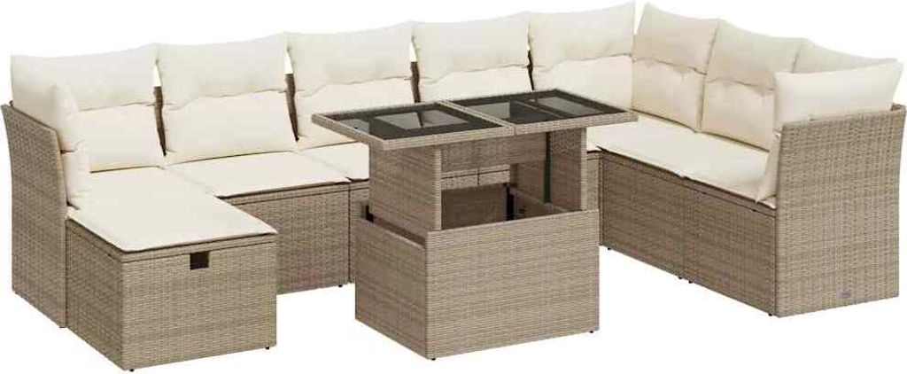 9-tlg. Garten-Sofagarnitur mit Kissen Beige Poly Rattan
