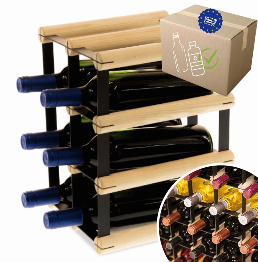 MODO24 Weinregal, 6 Flaschen, Flaschenhalter, Weinständer, Erweiterbar, Holz Metall, Industrial Loft, Küche, 32,5x22,5x25 cm, Natur, RW8