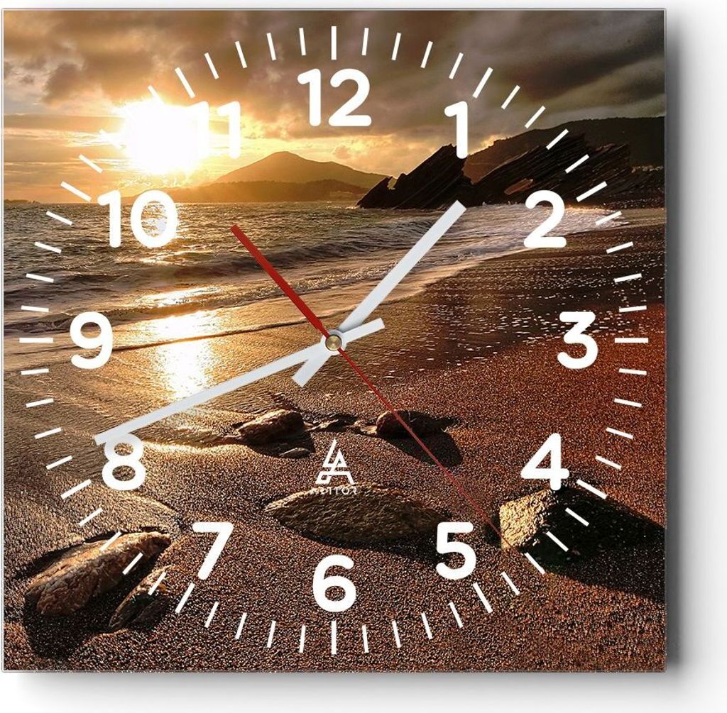 Wanduhr - Quadrat - Glasuhr - Strand Wolken Abend Küste - 40x40cm - Schleichendes Uhrwerk - Lautlos - zum Aufhängen bereit - Dekoration Modern - ...