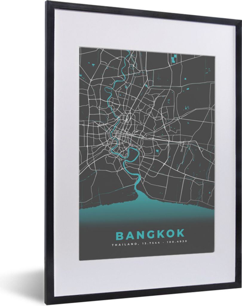 MuchoWow Gerahmtes Poster Bangkok - Blau - Karte - Stadtplan 30x40 cm - Poster mit Schwarzem Bilderrahmen Wandposter Rahmen Foto Bilder - Wandpos...