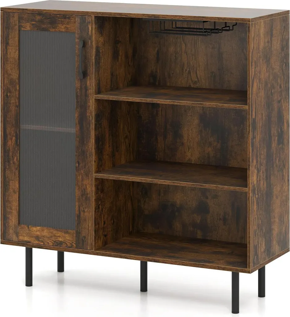 Buffet bois marron porte vitrée et casier à vin intégré pour salon chic