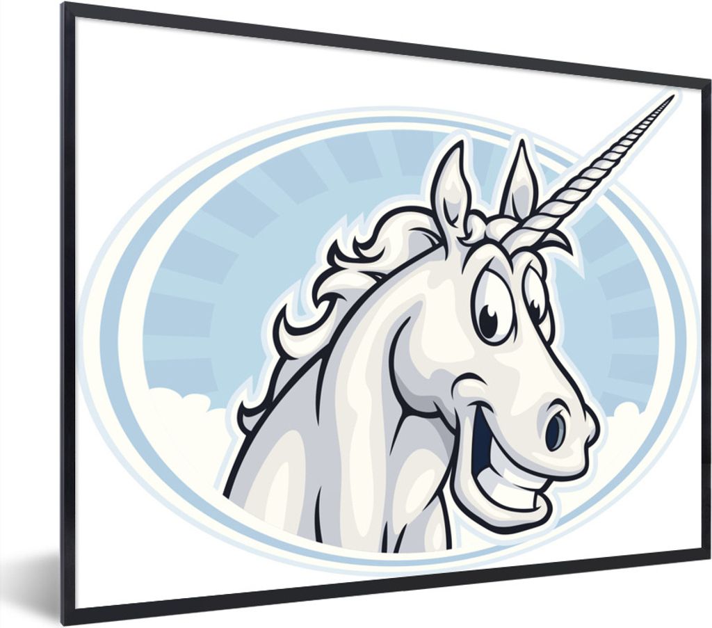 MuchoWow Gerahmtes Poster Illustration des Gesichts eines Einhorns - Mädchen - Kinder - Kinder 40x30 cm - Poster mit Schwarzem Bilderrahmen Wand...